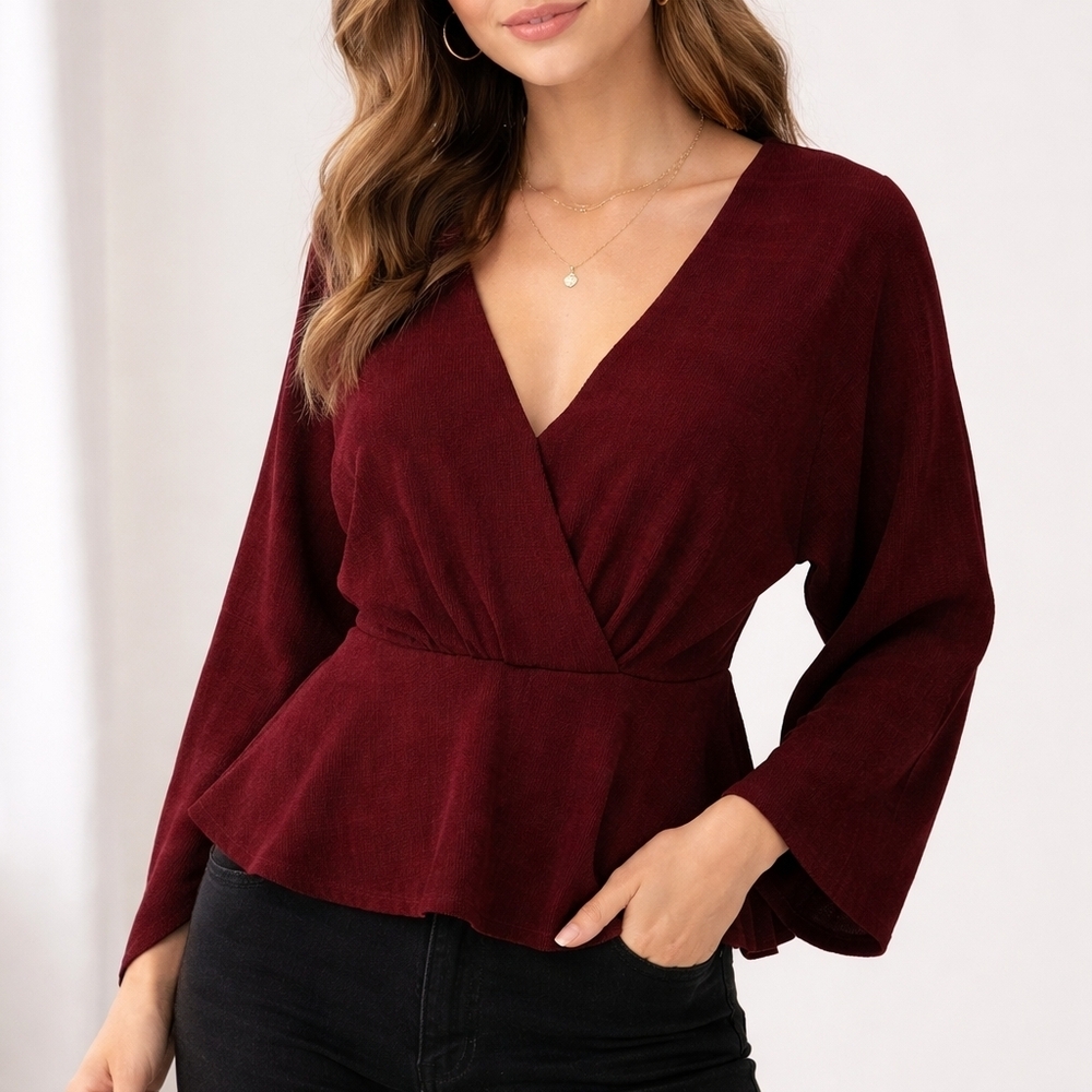 LONDON ROSE Burgundy Plum Deep V Surplice Peplum Dolman Sleeve Top